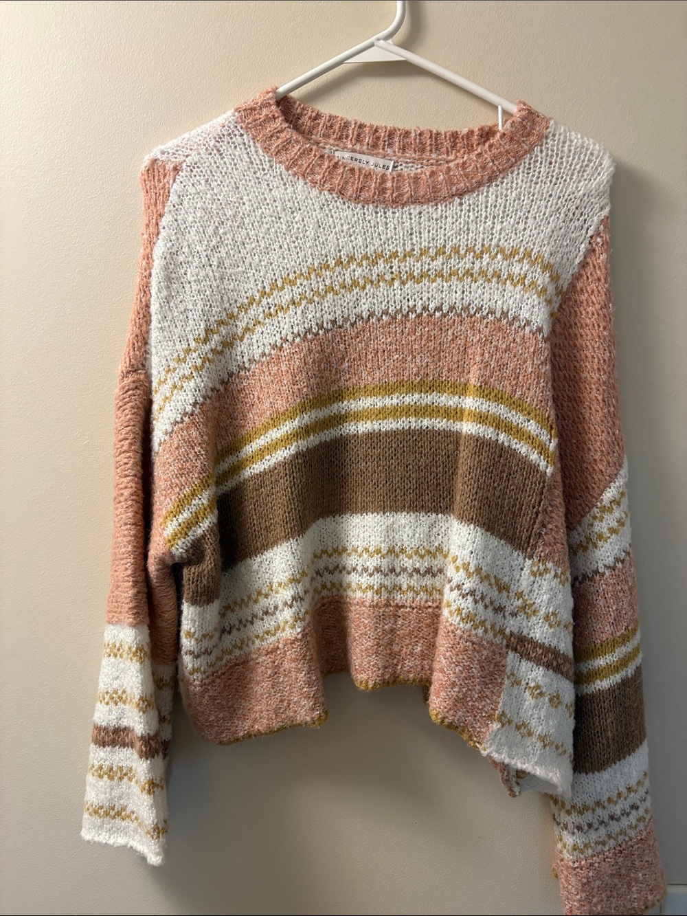Sincerly Jules Striped Crewneck Sweater - Peach, White & Brown